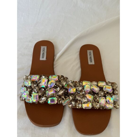 Steve Madden Brionna Rhinestone Flats Tan Leather Jewel Embellished Sandals 7.5 - Picture 11 of 16